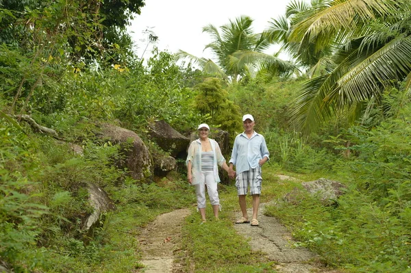 Pareja de ancianos descansar en la playa tropical — Foto de Stock