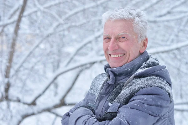 Porträt Eines Lächelnden Seniors Der Winter Draußen Steht — Stockfoto