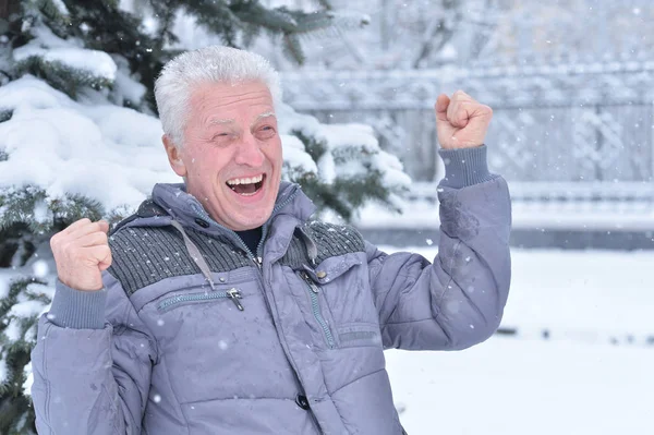 Portret Uśmiechający Się Starszy Człowiek Stojący Zewnątrz Sezonie Zimowym — Zdjęcie stockowe
