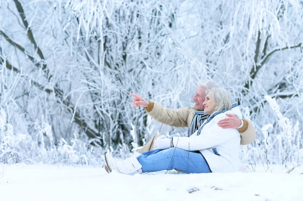 屋外で雪の上に座って幸せなシニアカップル 男の指差す — ストック写真