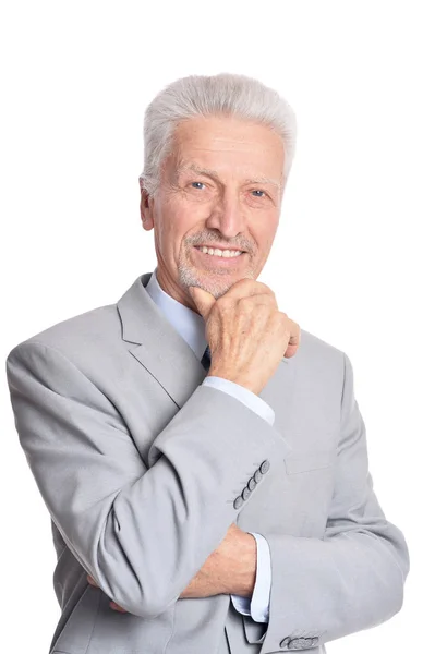 Heureux Homme Affaires Senior Posant Sur Fond Blanc — Photo