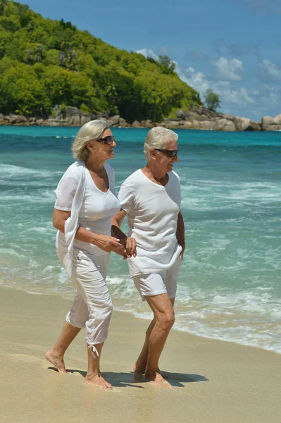 Rear View Elderly Couple Walking Sandy Beach — Stock Photo, Image