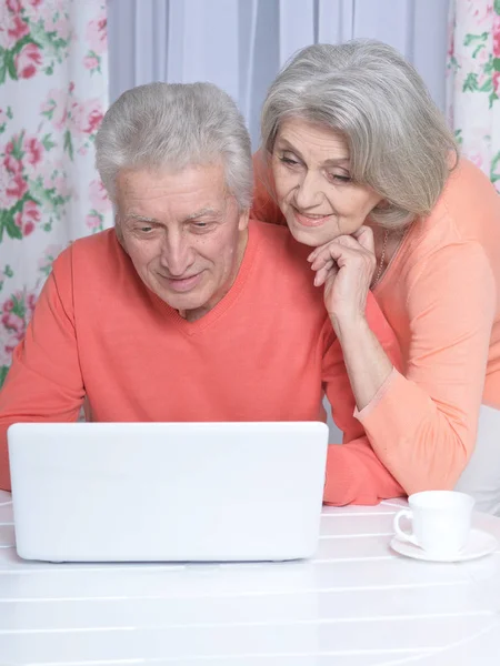 快乐美丽的高级夫妇在家里使用笔记本电脑的肖像 — 图库照片