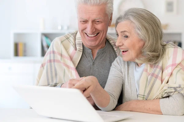 Porträt Eines Glücklichen Schönen Senioren Paares Mit Decke Heimischen Laptop — Stockfoto