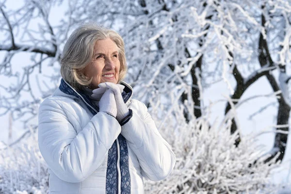 Reife Frau Winterkleidung Posiert Freien Gut Gelaunt — Stockfoto
