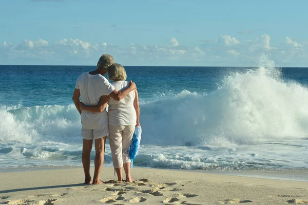 Vista Trasera Pareja Ancianos Pie Playa Arena Durante Atardecer —  Fotos de Stock