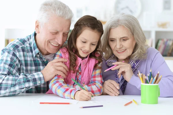 Big Family Cute Little Girl Doing Homework Together — Stock Photo, Image