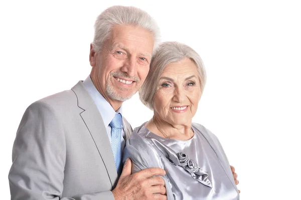 Portrait Hugging Senior Couple Isolated White Background — Stock Photo, Image