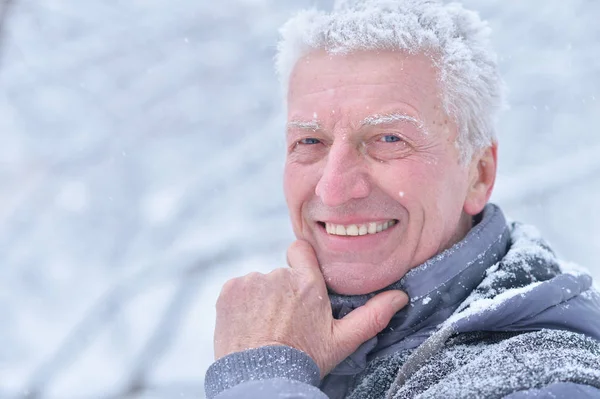 Портрет Усміхненого Старшого Чоловіка Стоїть Відкритому Повітрі Взимку — стокове фото