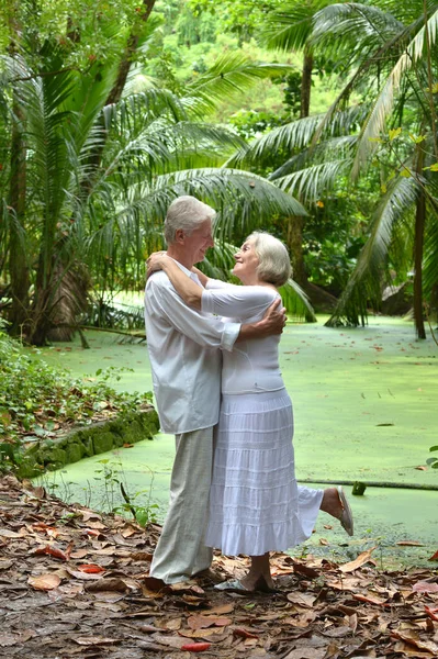 Happy Elderly Couple Hugging Tropical Beach — Stock Photo, Image