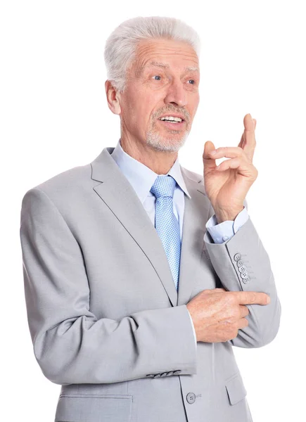 Glücklich Senior Geschäftsmann Posiert Auf Weißem Hintergrund — Stockfoto