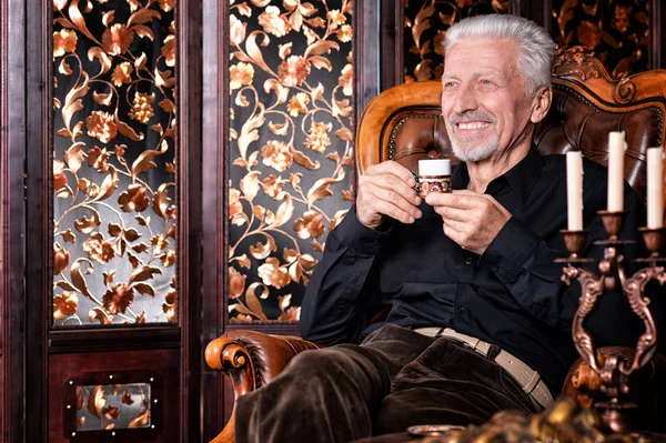 Smiling Senior Man Drinking Coffee Home — Stock Photo, Image