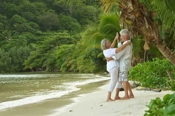 Bejaarde echtpaar uitgevoerd op strand — Stockfoto