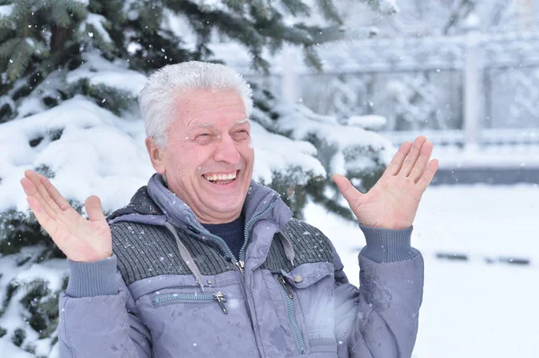 Портрет Улыбающегося Пожилого Человека Стоящего Улице Зимой — стоковое фото