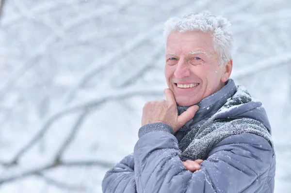 Porträt Eines Lächelnden Seniors Der Winter Draußen Steht — Stockfoto