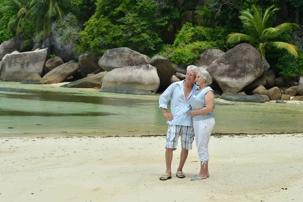 Bejaarde echtpaar uitgevoerd op strand — Stockfoto