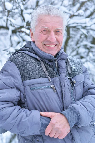 Retrato Hombre Mayor Sonriente Parado Aire Libre Invierno —  Fotos de Stock