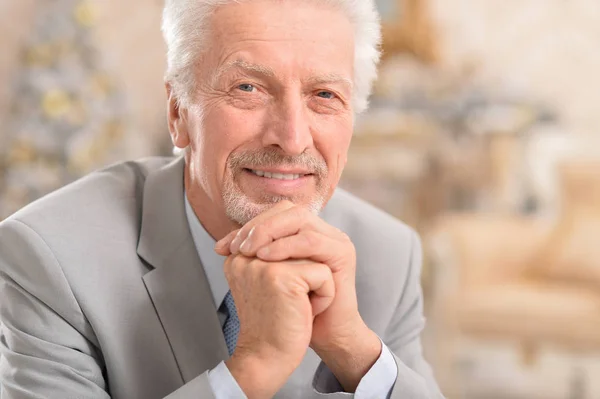 Portrait Senior Man Thinking Indoors — Stock Photo, Image