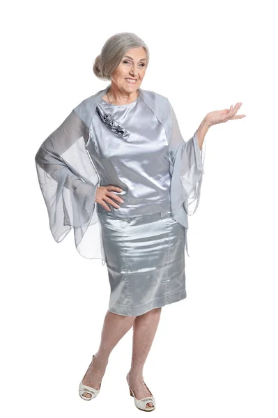 Senior Woman Posing Showing Something Isolated White Background — Stock Photo, Image