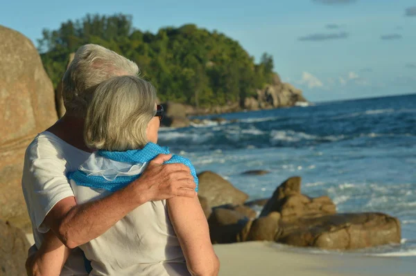 Rückansicht Eines Älteren Ehepaares Das Bei Sonnenuntergang Sandstrand Steht — Stockfoto