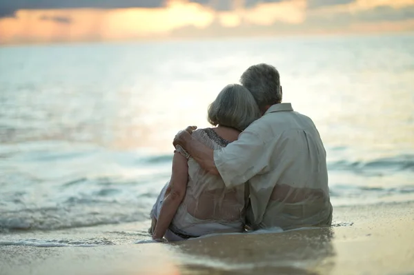 Achteraanzicht Van Bejaarde Echtpaar Staande Aan Zandstrand Tijdens Zonsondergang — Stockfoto