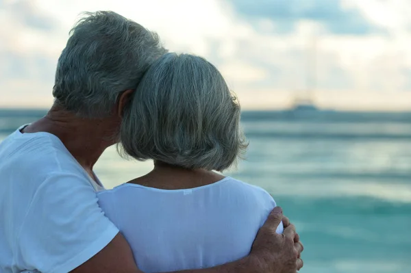 Vista Trasera Pareja Ancianos Pie Playa Arena Durante Atardecer — Foto de Stock