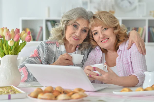 Zwei Seniorinnen Nutzen Laptop Hause — Stockfoto