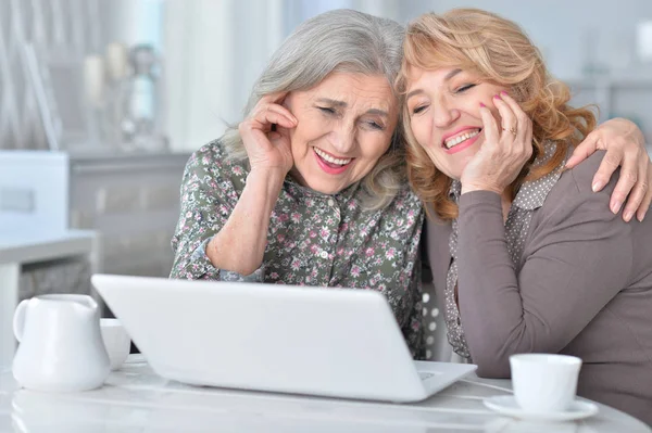 Duas Mulheres Idosas Usando Laptop Casa — Fotografia de Stock