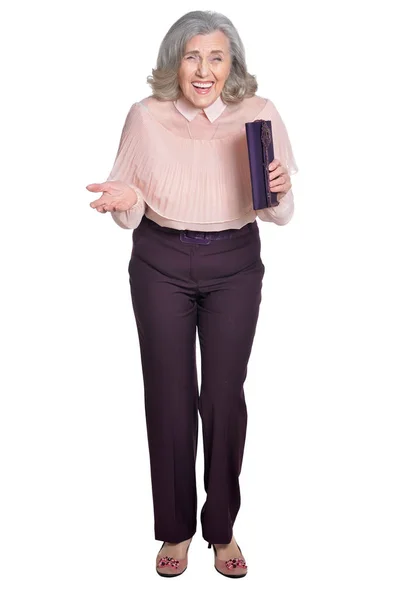 Mujer Mayor Feliz Posando Con Bolso Aislado Sobre Fondo Blanco —  Fotos de Stock