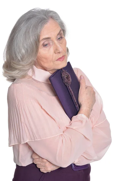 Sad Senior Woman Posing Purse Isolated White Background — Stock Photo, Image