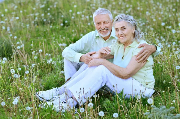 Feliz Pareja Ancianos Sentados Aire Libre —  Fotos de Stock