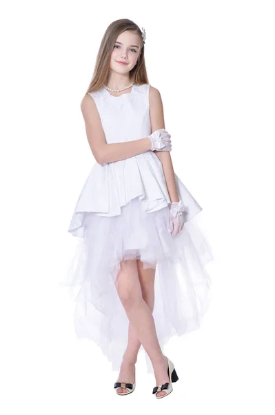 快乐的小女孩在狂欢节服装摆出白色背景孤立 — 图库照片
