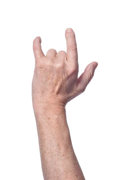 Χέρι Των Ανώτερων Γυναίκα Δείχνει Κέρατα Διαβόλων Υπογράψει Απομονωθεί Λευκό — Φωτογραφία Αρχείου