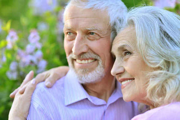 Couple Aîné Heureux Étreignant Sur Fond Fleurs — Photo