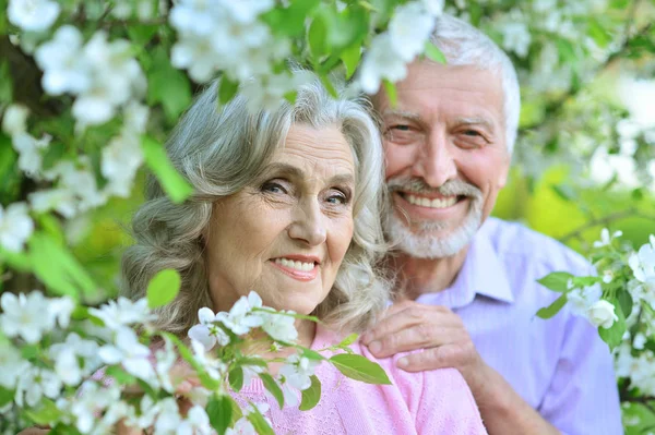 Szczęśliwa Para Starszy Przytulanie Tle Kwiatów — Zdjęcie stockowe