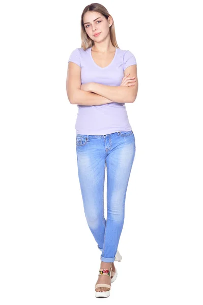 Ritratto Figura Intera Bella Donna Jeans Posa Isolata Bianco — Foto Stock