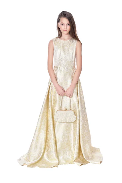 Niña Feliz Vestido Dorado Posando Aislada Sobre Fondo Blanco —  Fotos de Stock