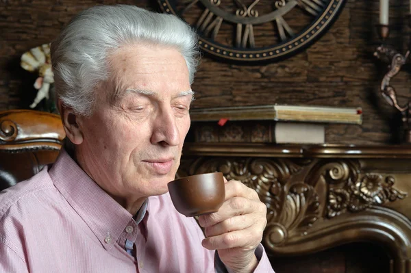 Portrait Senior Man Drinking Tea Home — Stock Photo, Image