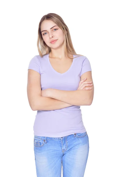 Retrato Mulher Bonita Jeans Posando Isolado Branco — Fotografia de Stock