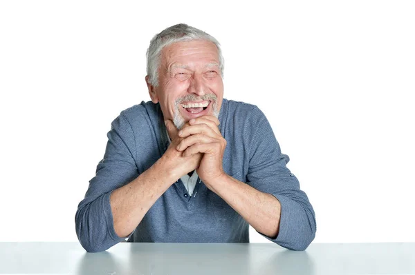 Porträt Eines Älteren Mannes Der Isoliert Tisch Auf Weißem Hintergrund — Stockfoto