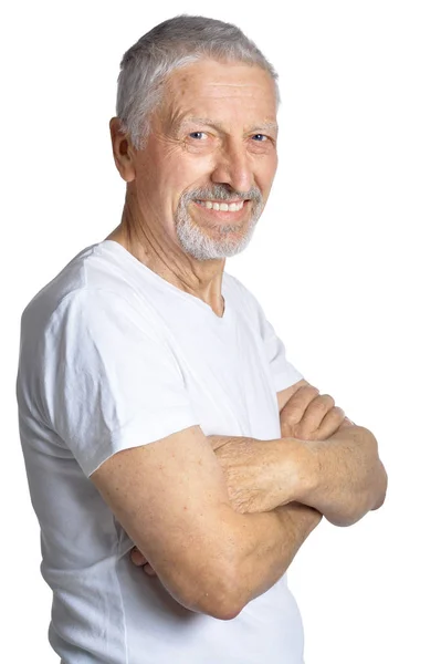 Porträtt Äldre Man Poserar Isolerad Vit Bakgrund — Stockfoto