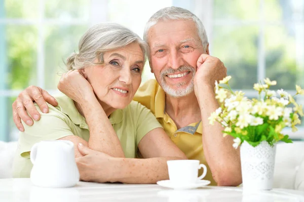 Happy Senior Couple Drinking Tea Kitchen — Stock Photo, Image