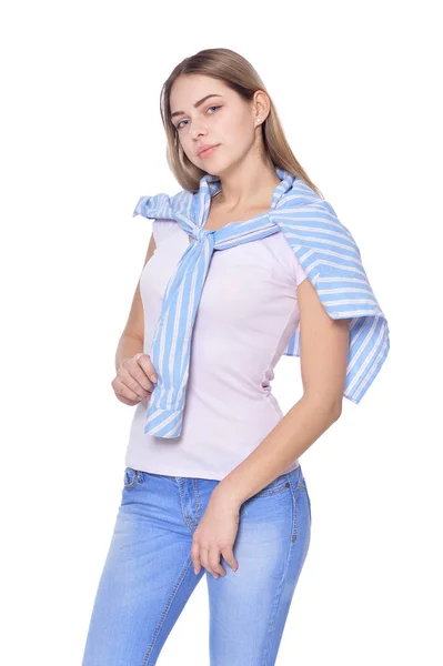 Porträt Einer Schönen Frau Jeans Die Isoliert Auf Weiß Posiert — Stockfoto