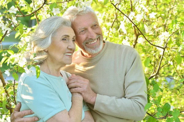 Glückliches Senior Paar Das Sich Auf Blumen Umarmt — Stockfoto