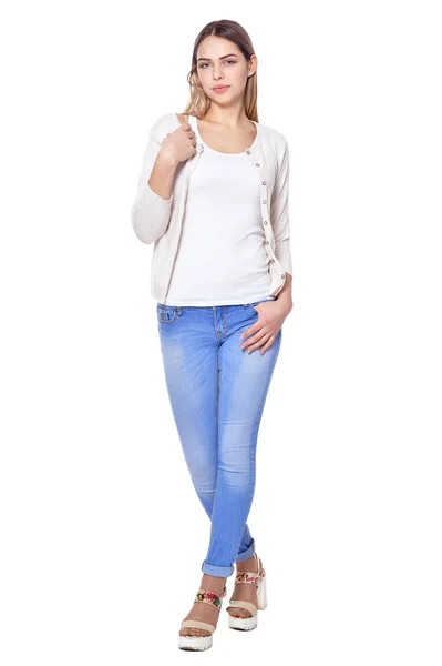 Full Length Portrait Beautiful Woman Jeans Posing Isolate White — Stock Photo, Image