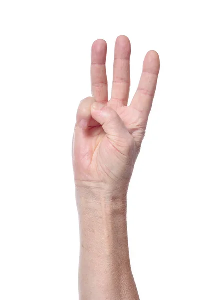 Mano Mujer Mayor Mostrando Tres Dedos Aislados Sobre Fondo Blanco — Foto de Stock
