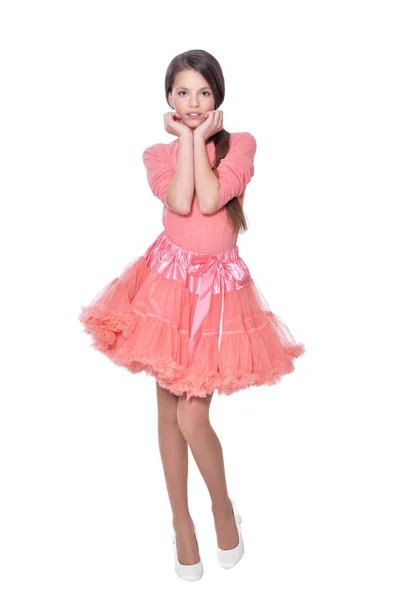 Счастливая Маленькая Девочка Розовом Платье Позирует Изолирован Белом Фоне — стоковое фото