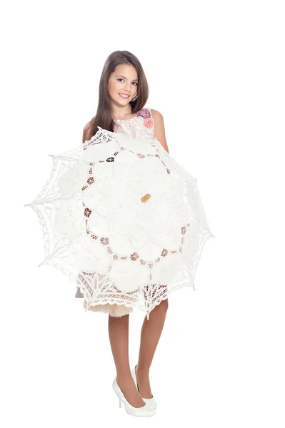 Счастливая Маленькая Девочка Позирует Зонтиком Изолированы Белом Фоне — стоковое фото
