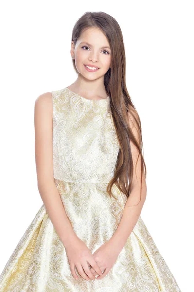 Menina Feliz Vestido Dourado Posando Isolado Fundo Branco — Fotografia de Stock