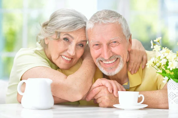 Happy Senior Couple Drinking Tea Kitchen — Stock Photo, Image